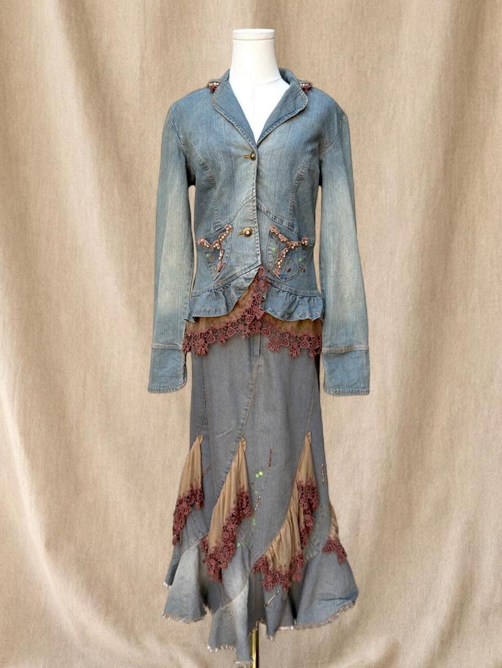 Insane Y2K denim jacket and fairy skirt set with beading and lace details